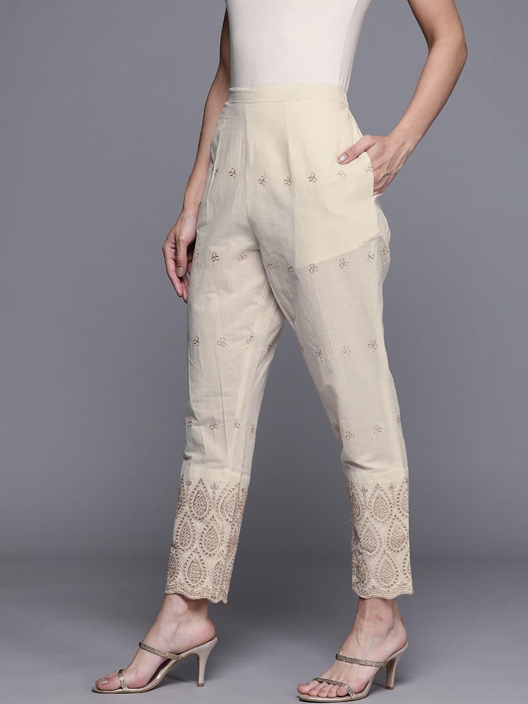 Beige Self Design Cotton Trousers - ShopLibas