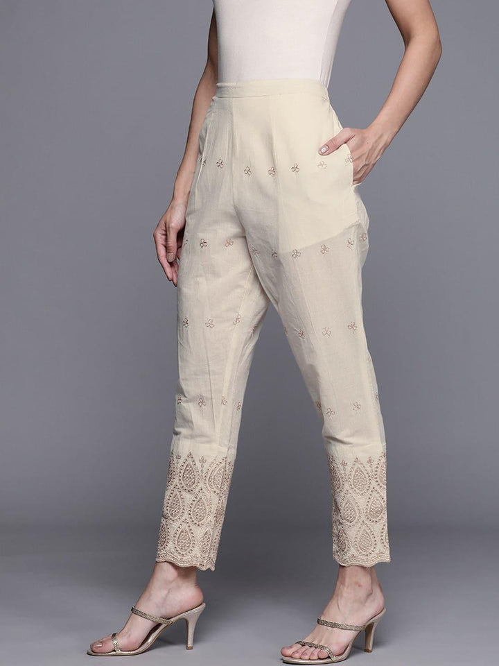 Beige Self Design Cotton Trousers