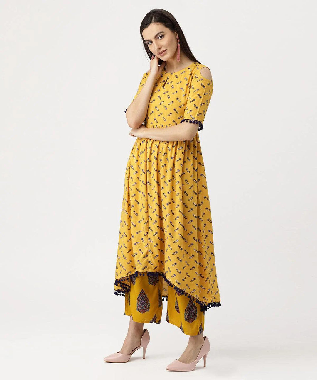 Yellow Printed Rayon Kurta Set - ShopLibas