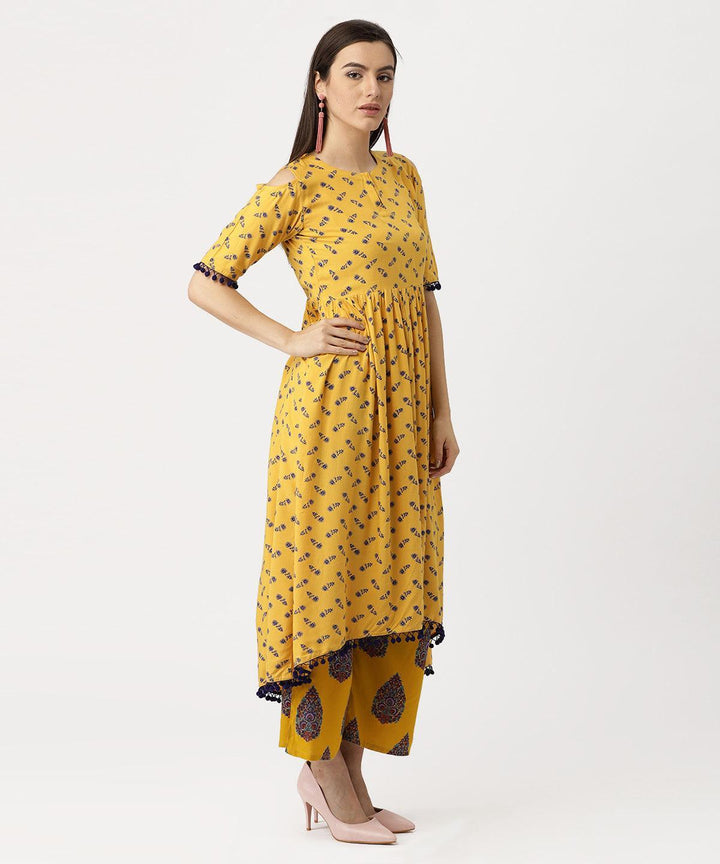 Yellow Printed Rayon Kurta Set