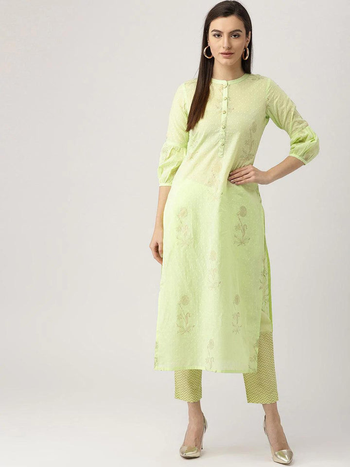 Green Printed Cotton Kurta Set
