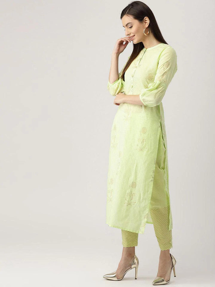 Green Printed Cotton Kurta Set