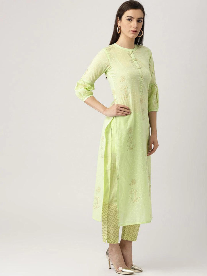 Green Printed Cotton Kurta Set