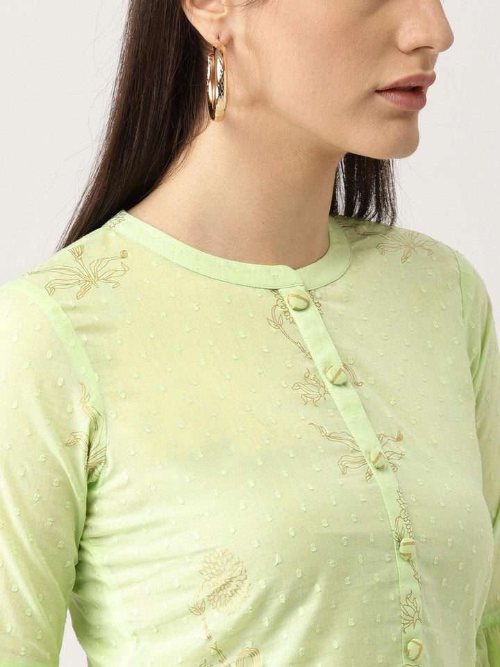 Green Printed Cotton Kurta Set