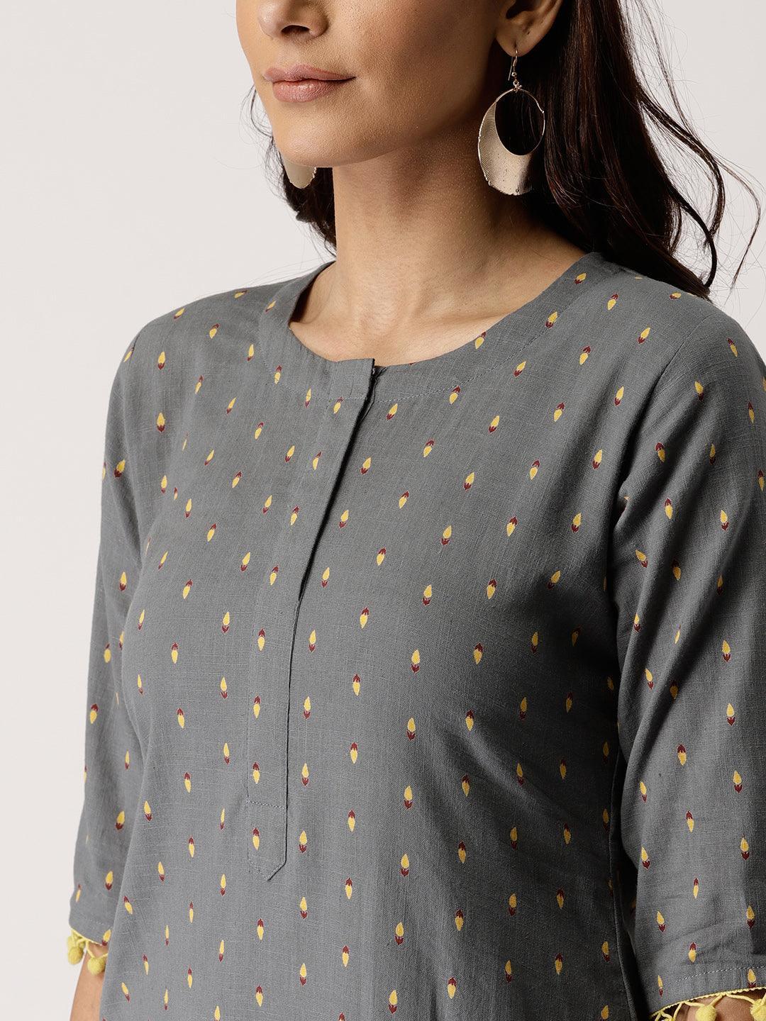 Grey Printed Cotton Kurta Set - ShopLibas