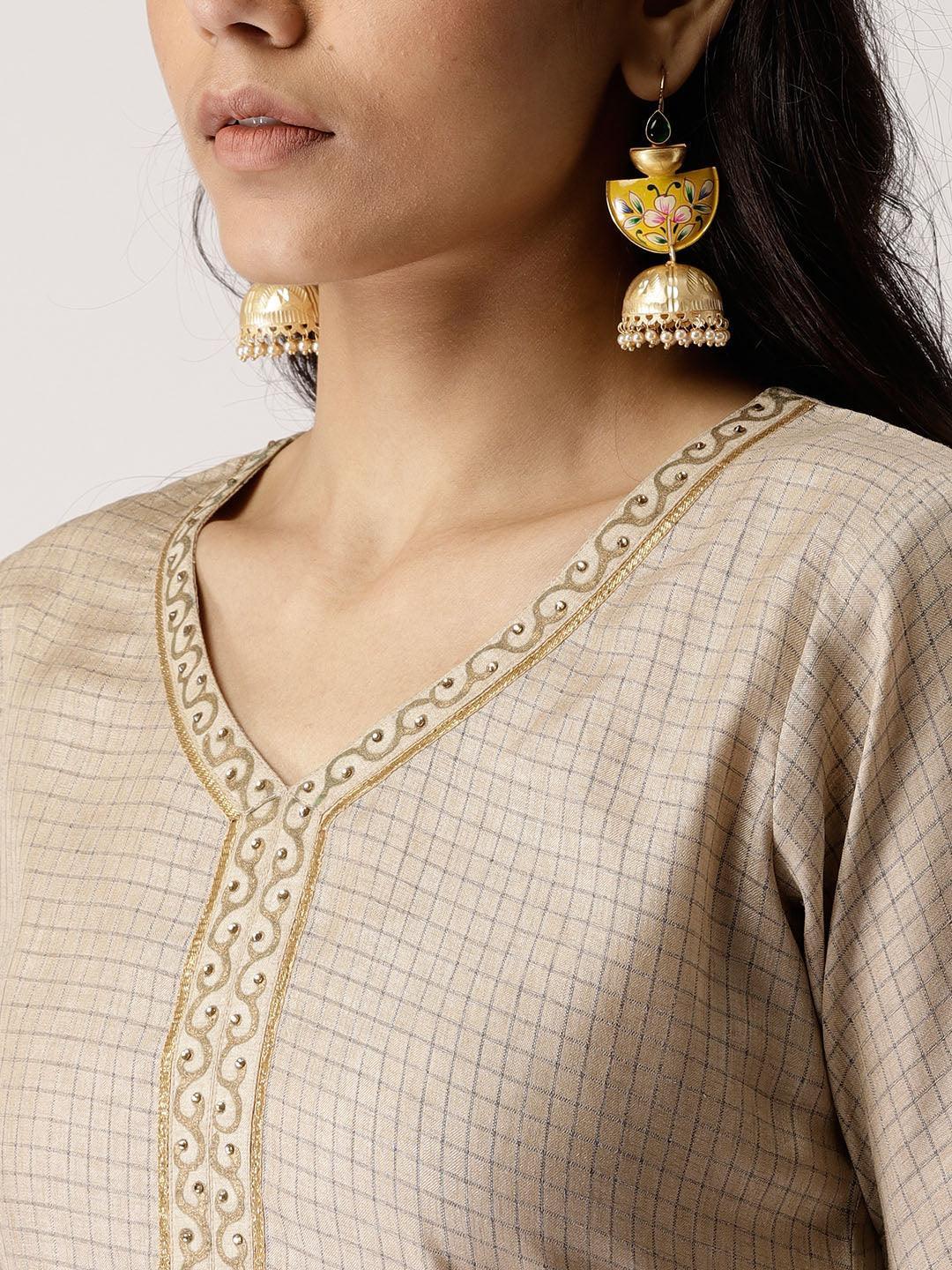 Beige Checkered Chanderi Kurta Set - ShopLibas