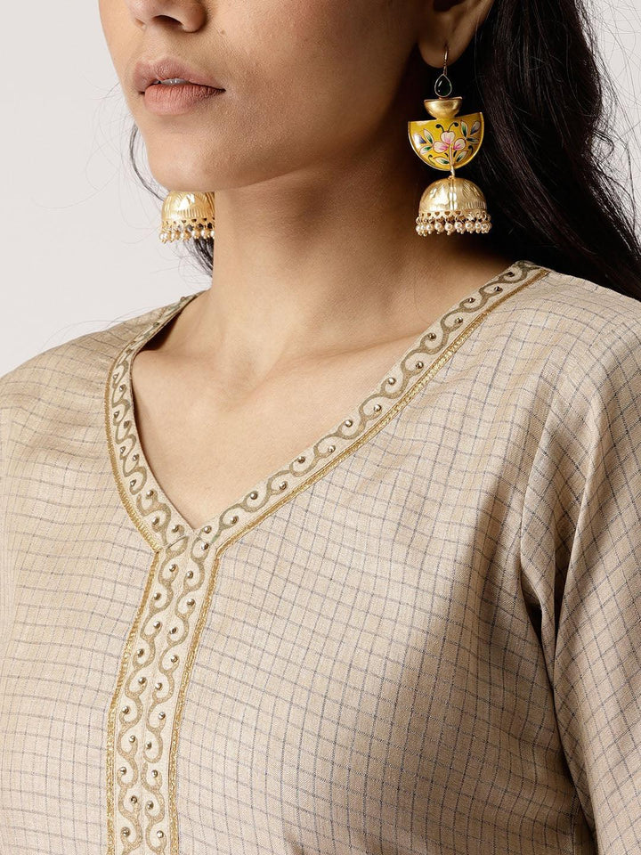 Beige Checkered Chanderi Kurta Set