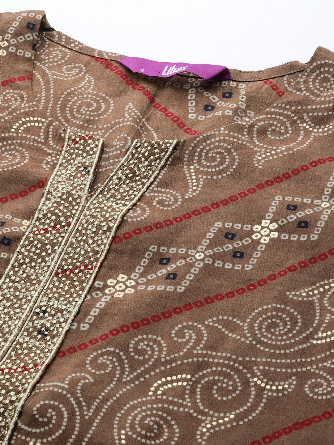 Brown Printed Chanderi Silk Kurta - ShopLibas