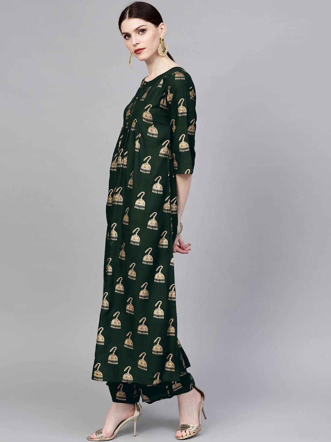Green Printed Rayon Kurta Set - ShopLibas