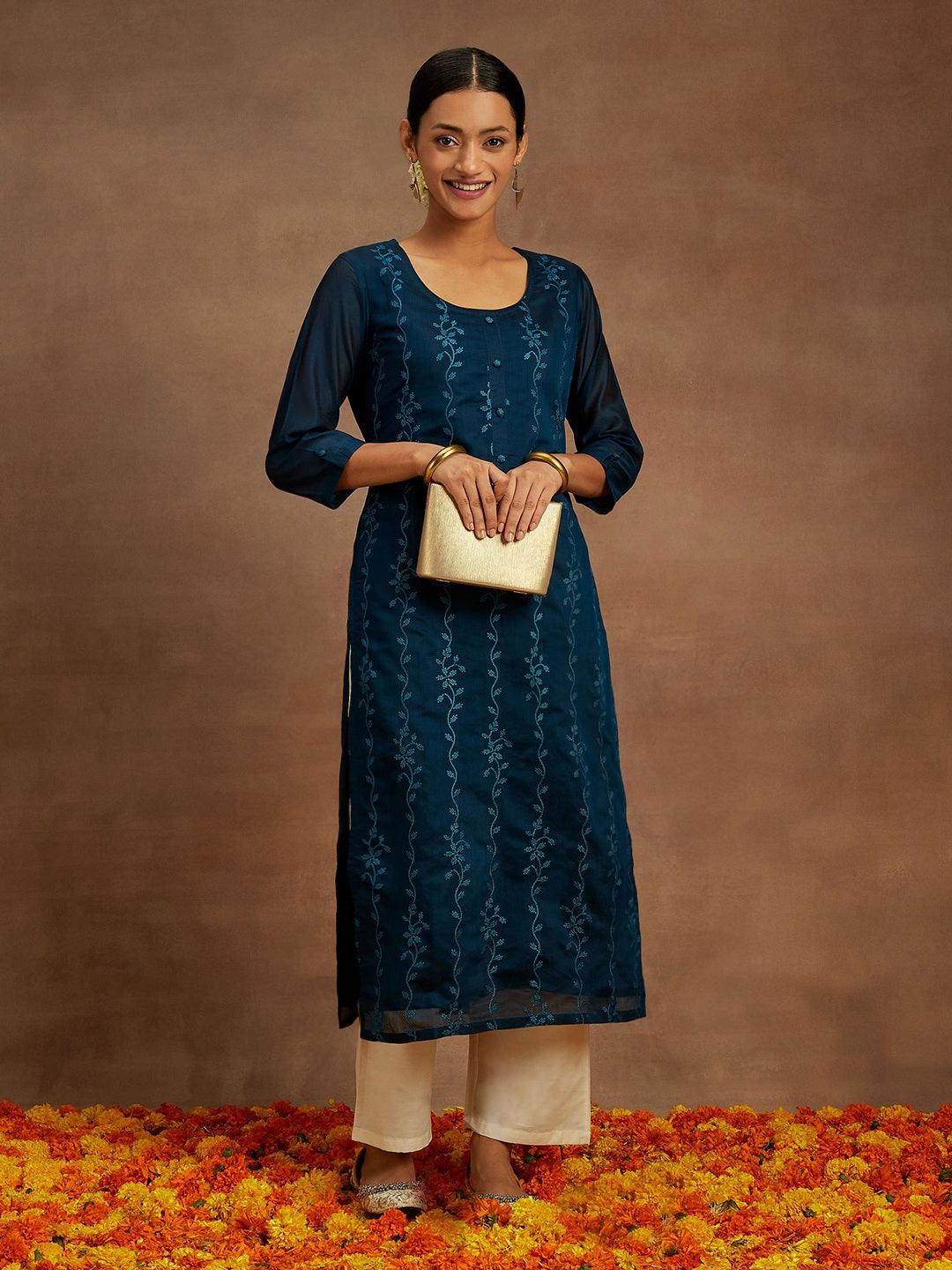 Teal Embroidered Chanderi Silk Straight Kurta - ShopLibas