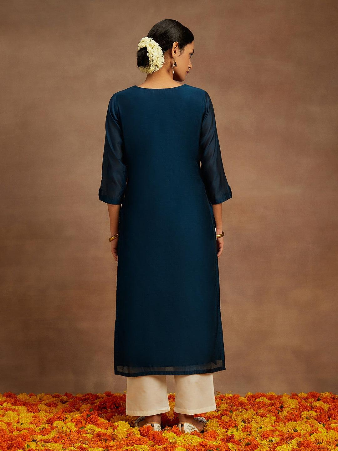 Teal Embroidered Chanderi Silk Straight Kurta - ShopLibas