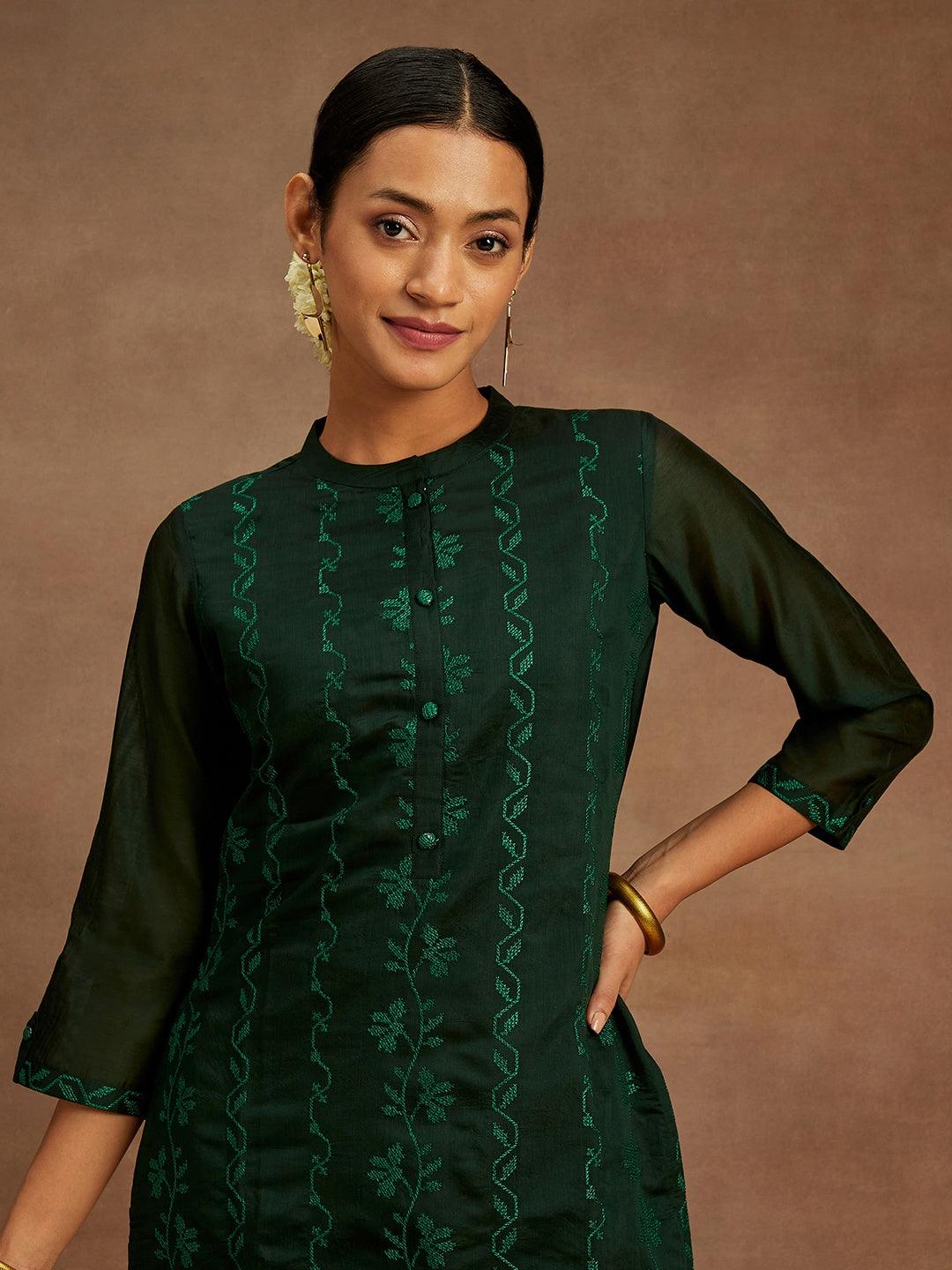 Green Embroidered Chanderi Silk Straight Kurta - ShopLibas