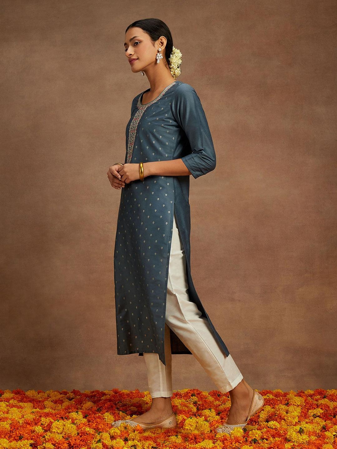 Grey Embroidered Chanderi Silk Straight Kurta - ShopLibas