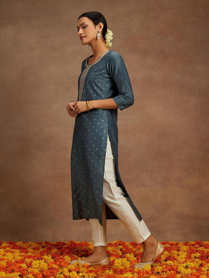 Grey Embroidered Chanderi Silk Straight Kurta