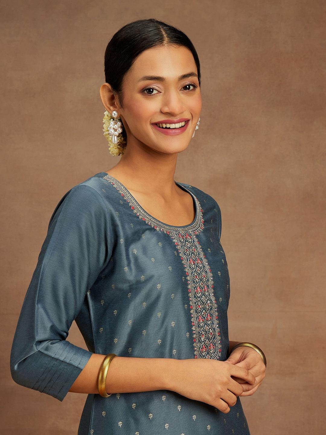 Grey Embroidered Chanderi Silk Straight Kurta - ShopLibas