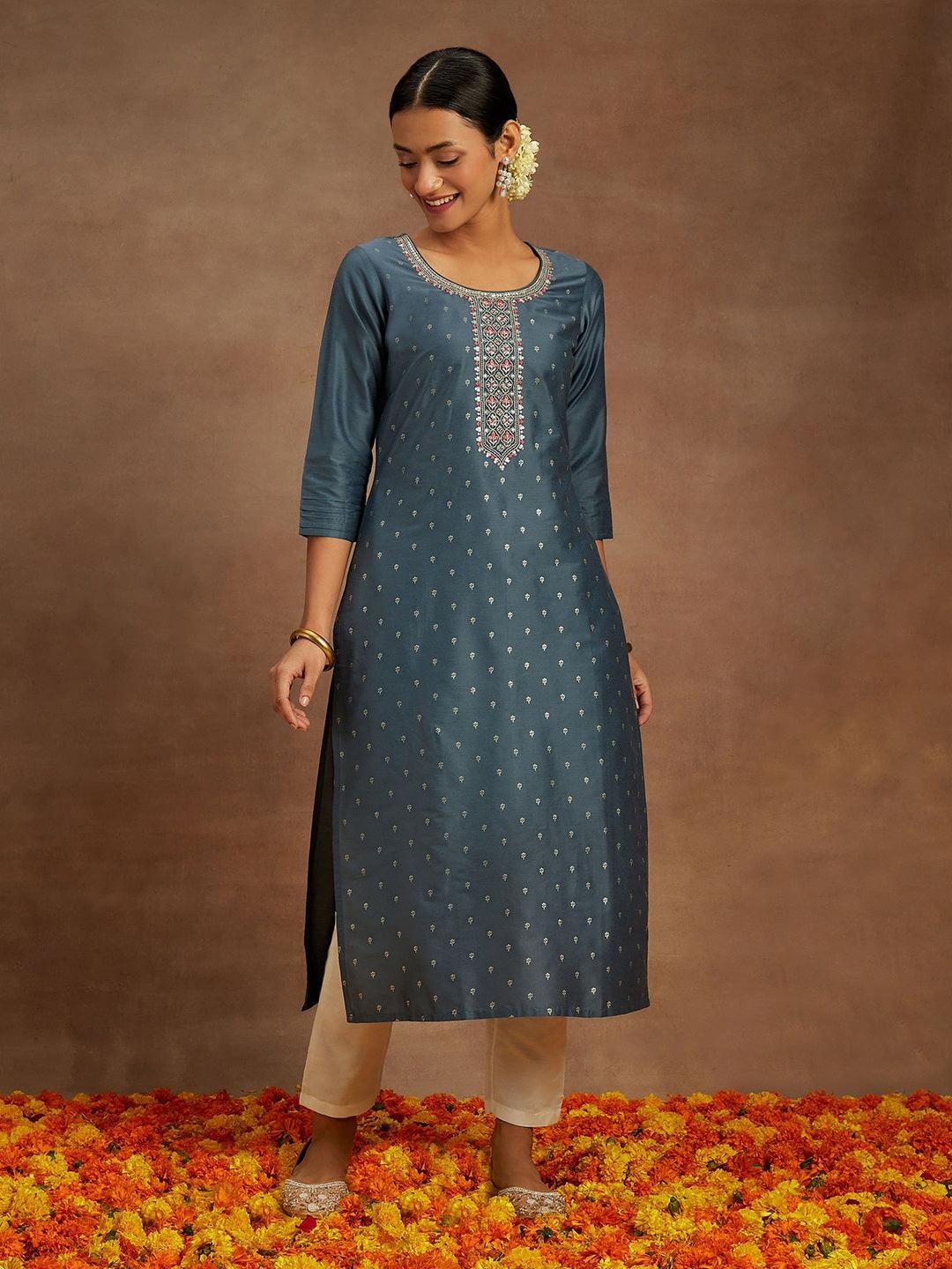 Grey Embroidered Chanderi Silk Straight Kurta - ShopLibas