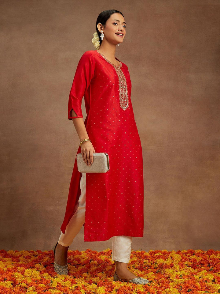 Red Embellished Silk Straight Kurta