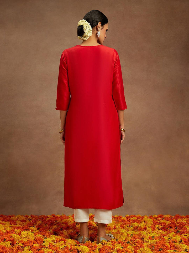 Red Embellished Silk Straight Kurta