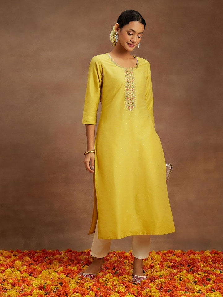 Yellow Embellished Silk Straight Kurta
