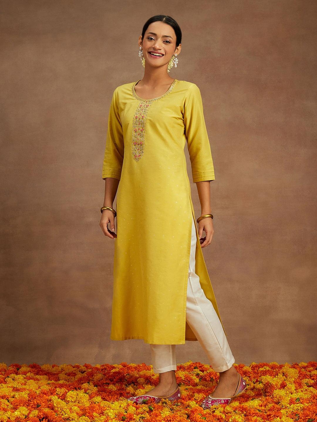 Yellow Embellished Silk Straight Kurta - ShopLibas