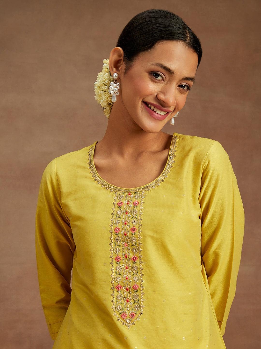 Yellow Embellished Silk Straight Kurta - ShopLibas