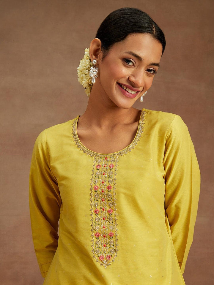 Yellow Embellished Silk Straight Kurta
