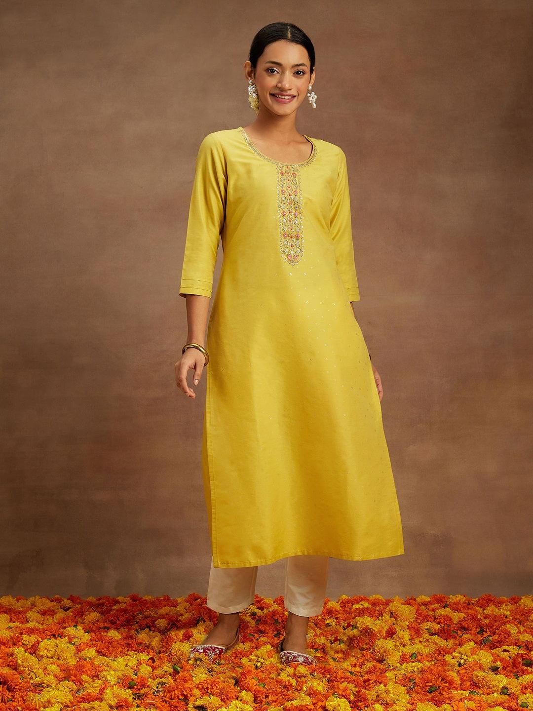 Yellow Embellished Silk Straight Kurta - ShopLibas
