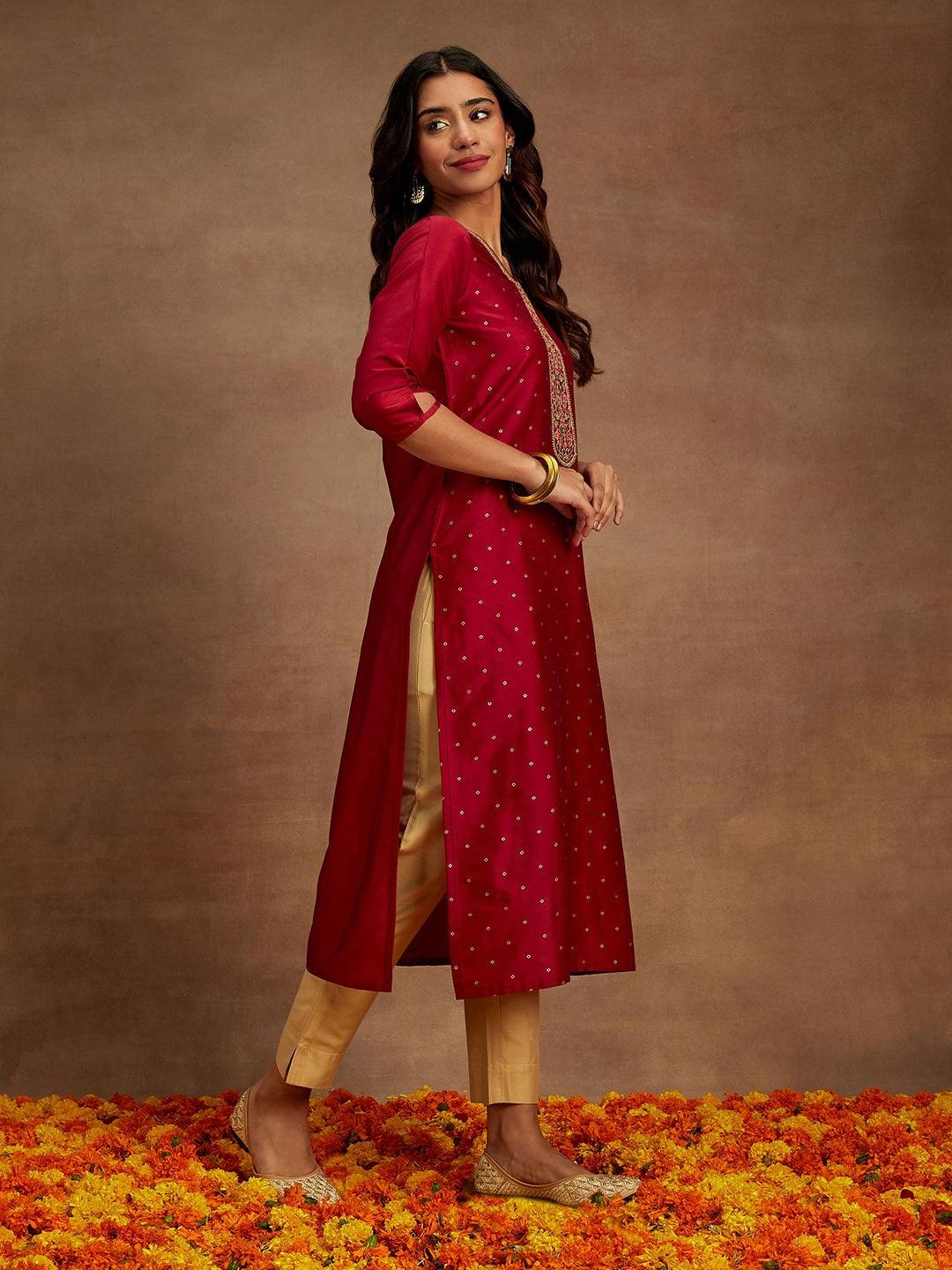 Maroon Printed Silk Straight Kurta - ShopLibas
