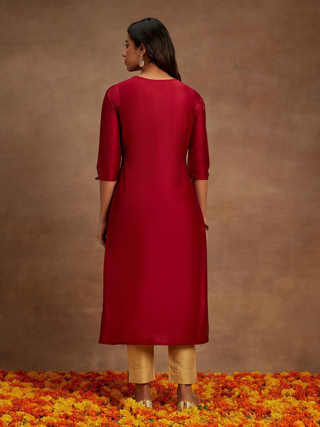 Maroon Printed Silk Straight Kurta - ShopLibas