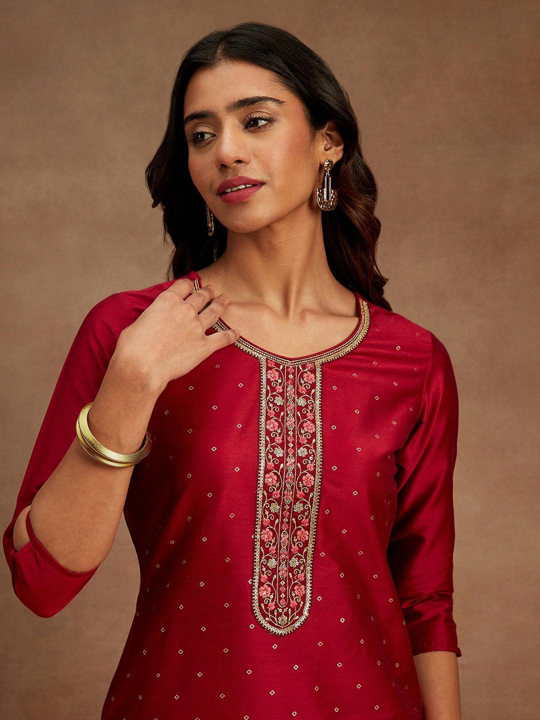 Maroon Printed Silk Straight Kurta - ShopLibas