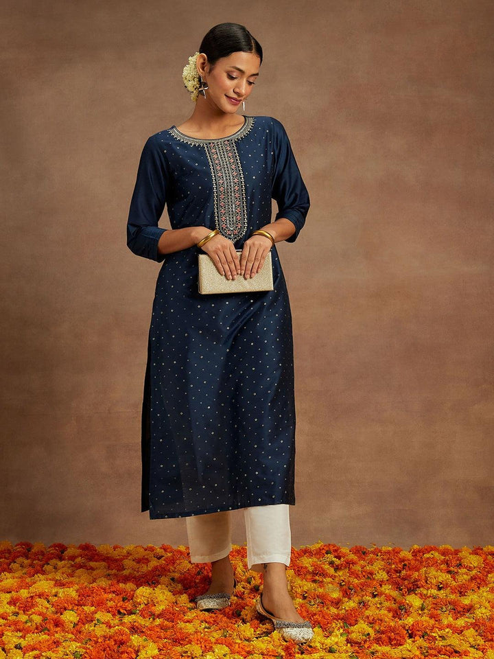 Navy Printed Silk Straight Kurta