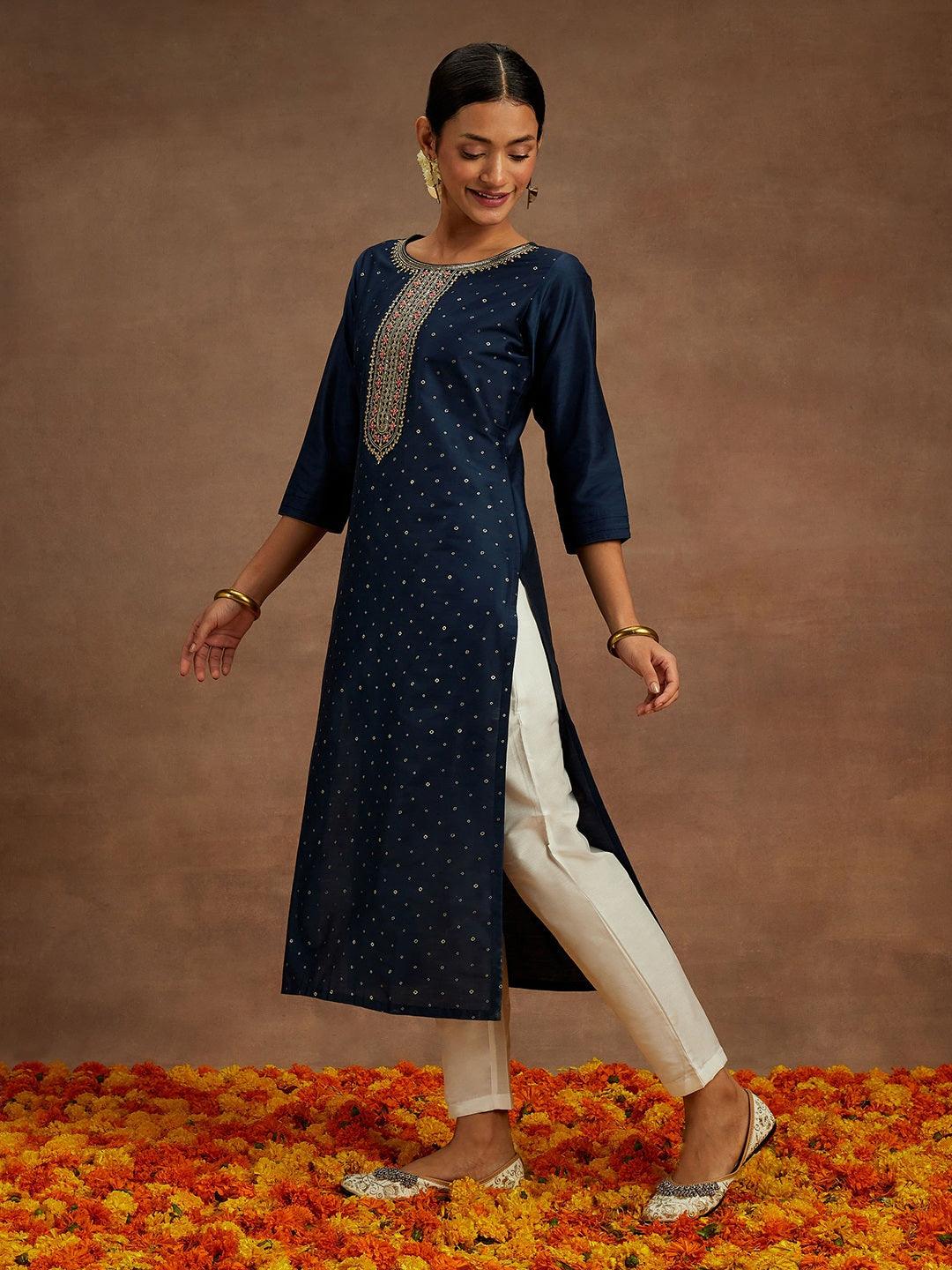 Navy Printed Silk Straight Kurta - ShopLibas
