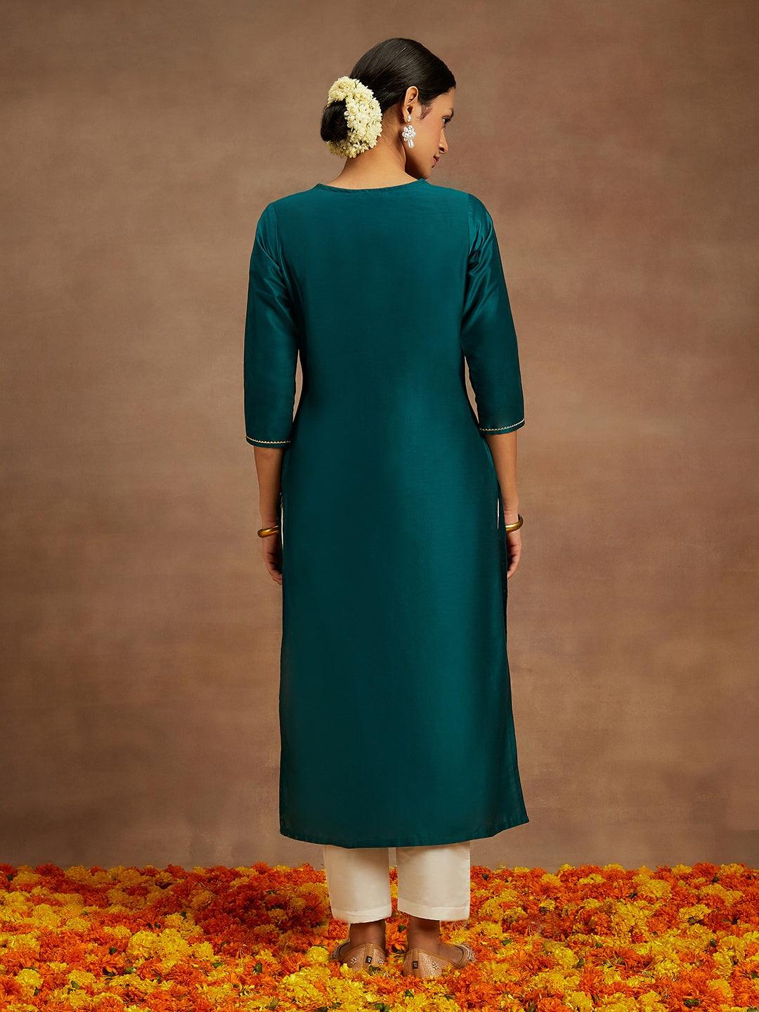 Teal Printed Silk Straight Kurta - ShopLibas