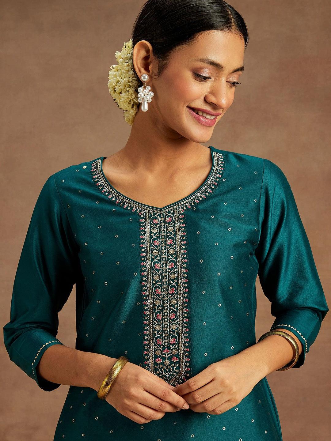 Teal Printed Silk Straight Kurta - ShopLibas