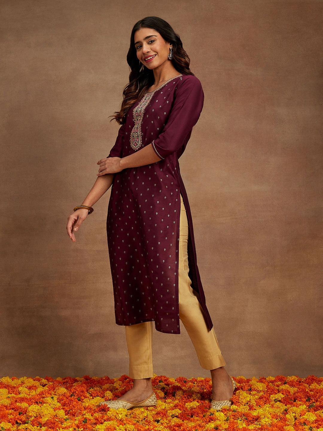 Wine Embellished Chanderi Silk Straight Kurta - ShopLibas