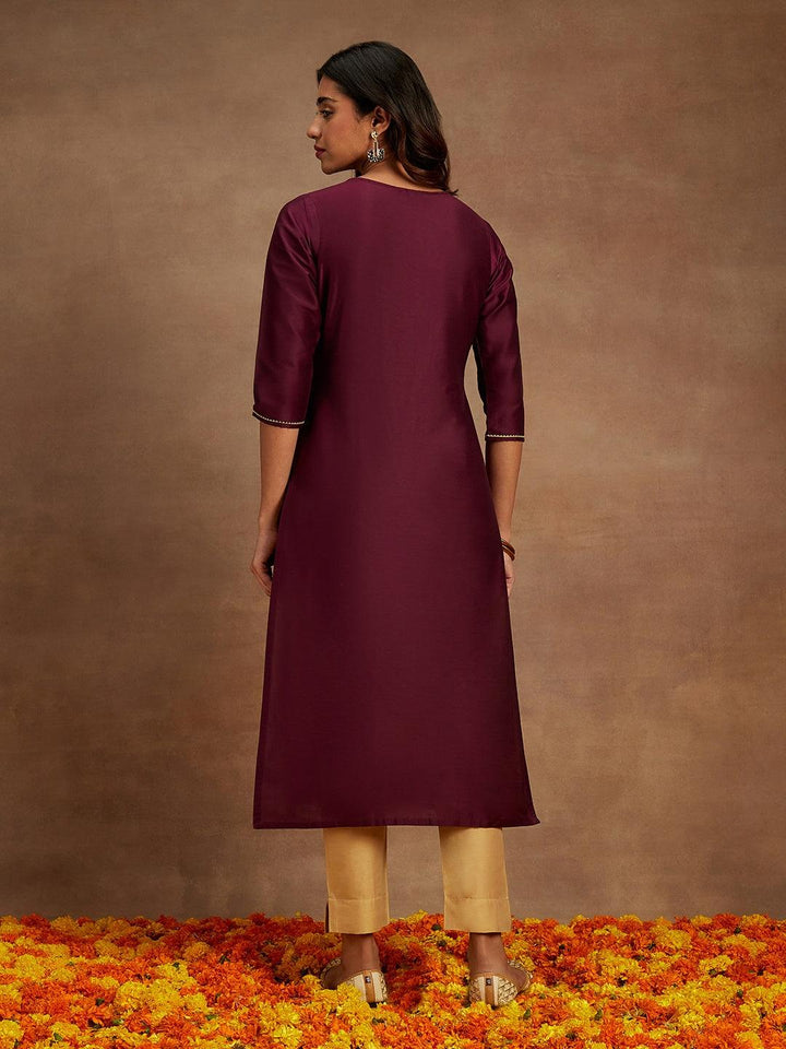 Wine Embellished Chanderi Silk Straight Kurta