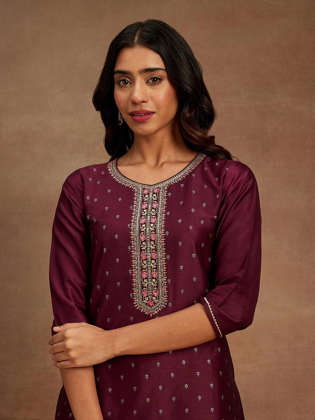 Wine Embellished Chanderi Silk Straight Kurta - ShopLibas