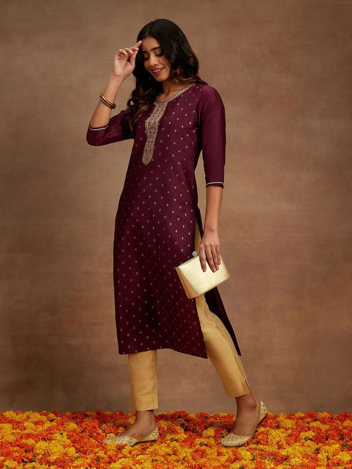 Wine Embellished Chanderi Silk Straight Kurta