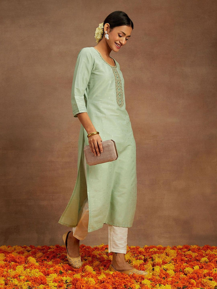 Pista Green Embroidered Chanderi Silk Straight Kurta