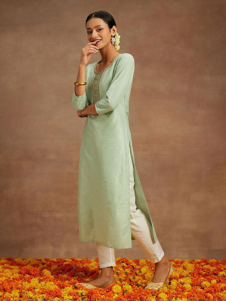 Pista Green Embroidered Chanderi Silk Straight Kurta