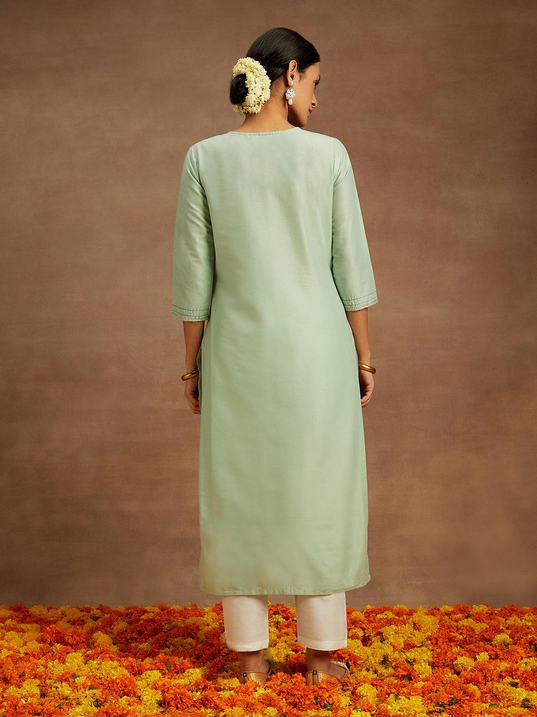 Pista Green Embroidered Chanderi Silk Straight Kurta - ShopLibas