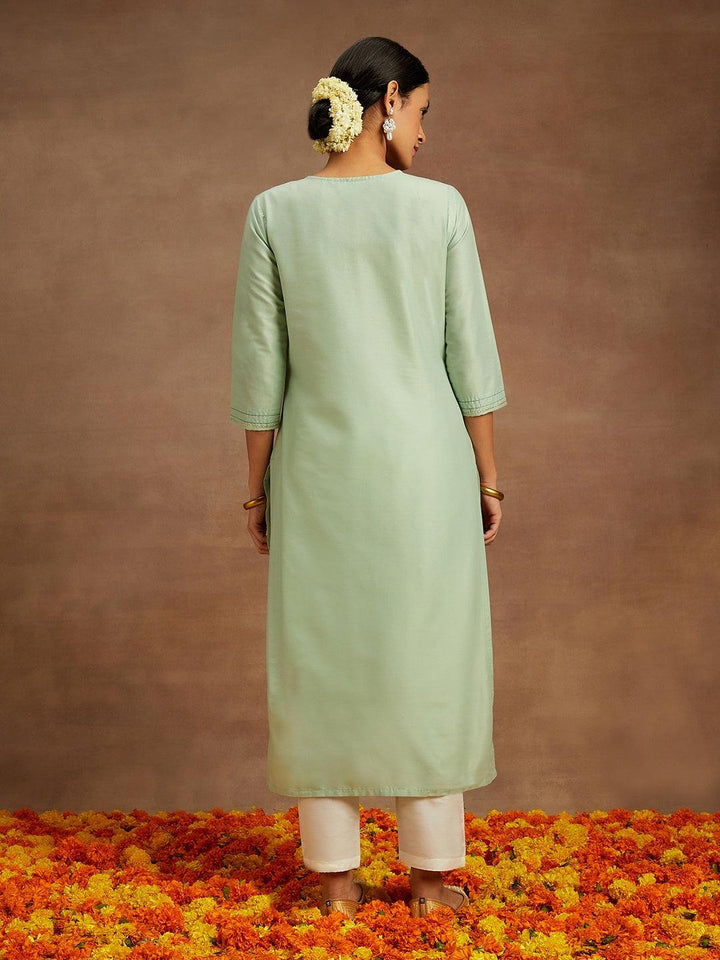 Pista Green Embroidered Chanderi Silk Straight Kurta