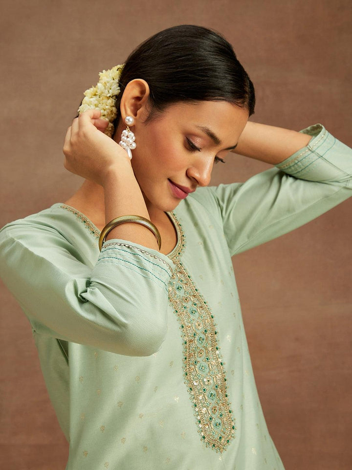 Pista Green Embroidered Chanderi Silk Straight Kurta