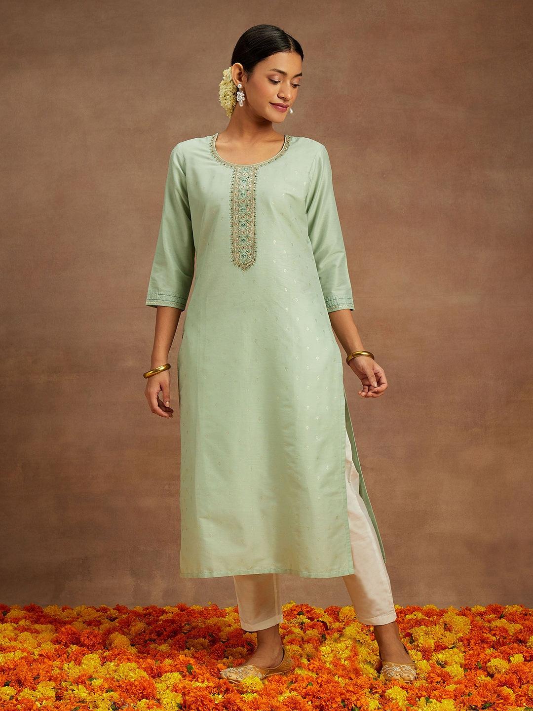 Pista Green Embroidered Chanderi Silk Straight Kurta - ShopLibas