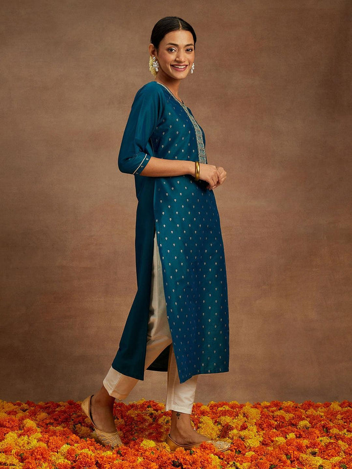 Teal Embellished Chanderi Silk Straight Kurta