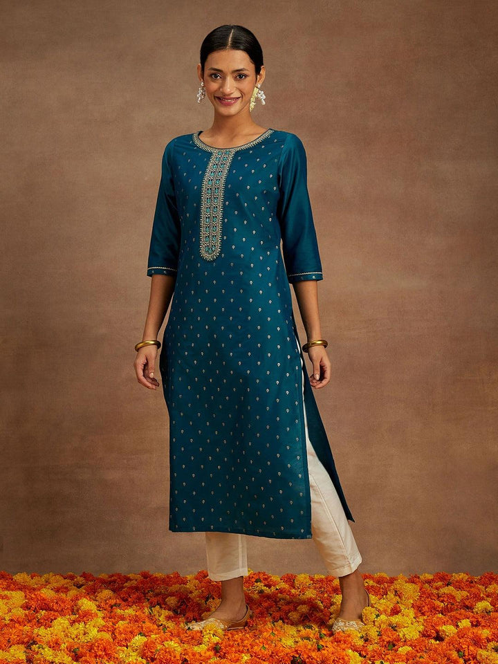 Teal Embellished Chanderi Silk Straight Kurta