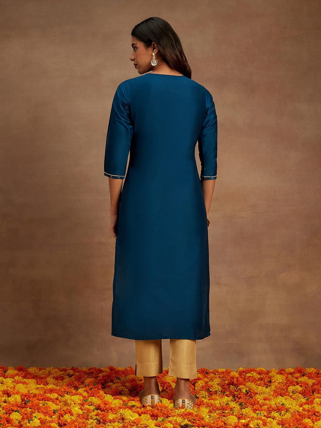 Blue Embellished Chanderi Silk Straight Kurta - ShopLibas