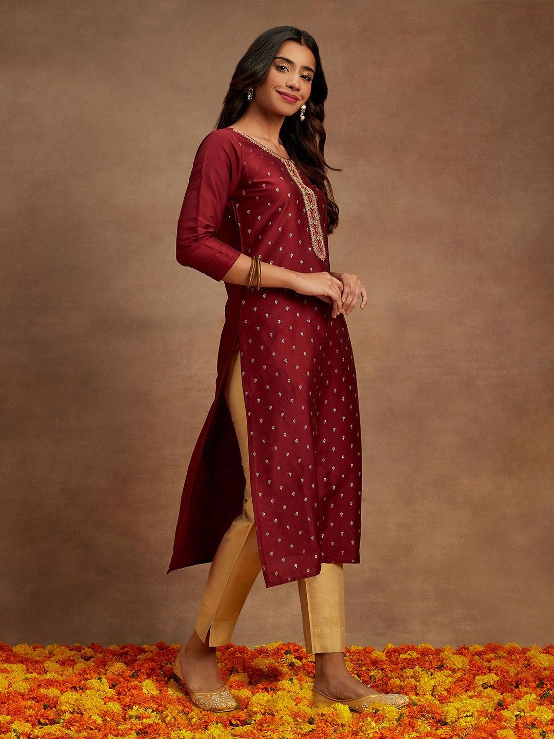 Maroon Embellished Chanderi Silk Straight Kurta - ShopLibas