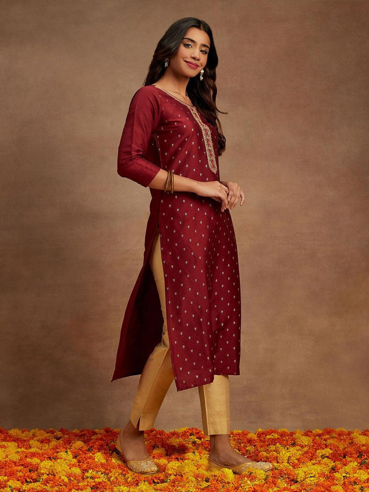 Maroon Embellished Chanderi Silk Straight Kurta