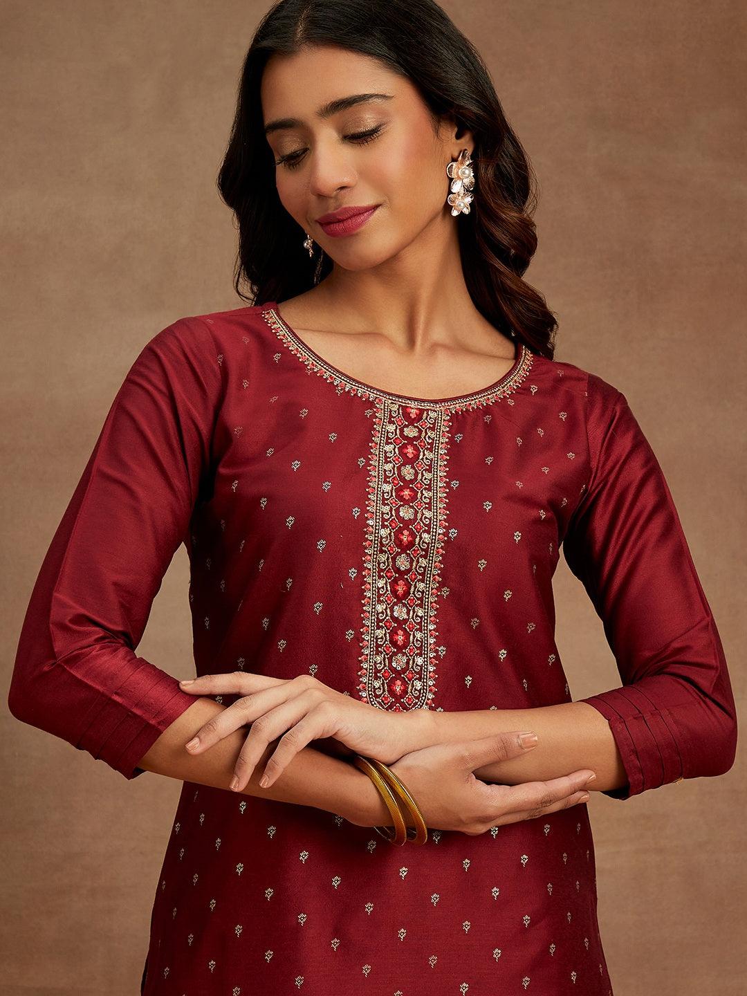 Maroon Embellished Chanderi Silk Straight Kurta - ShopLibas
